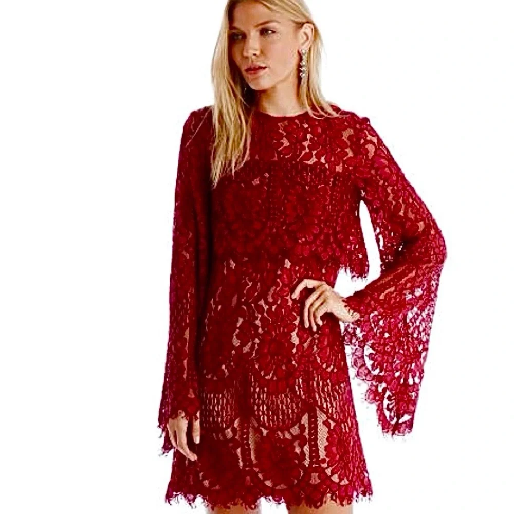 Elliatt | Dresses | Elliatt Epitome Dark Red Lace Mini Dress With Bell  Sleeve Size S | Poshmark